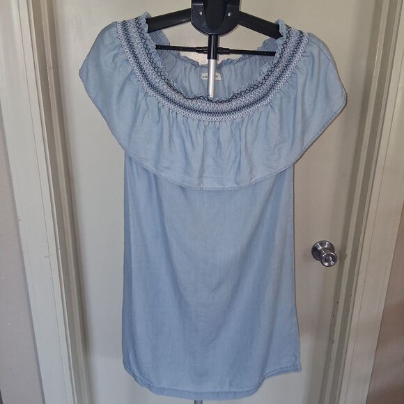 Dresses & Skirts - Cache Cache Blue Chambray Off Shoulder Smocked Ruffle Mini Shift Dress Euro 36/4